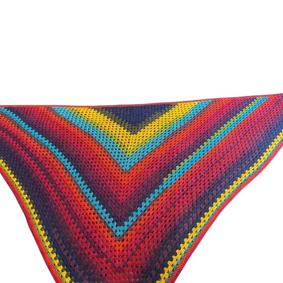Crocheted Homemade Shawl Wrap Triangle Multicolor Rainbow Grannycore Chevron - Picture 4 of 4